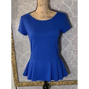Ann Taylor Loft Top Shirt Sz S Blue Peplum Stretch Geometric Solid Fit Flare EUC